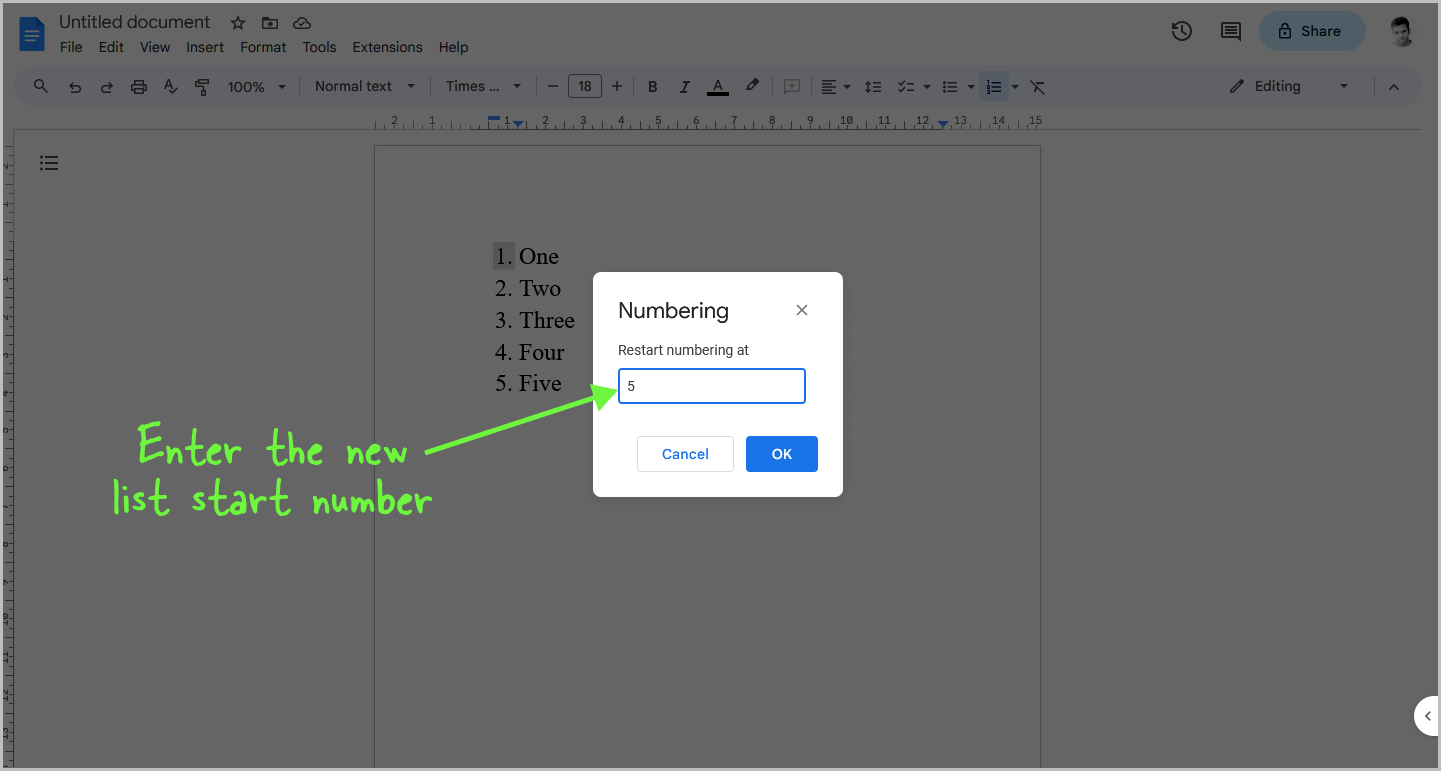 How to Restart Numbering in Google Docs