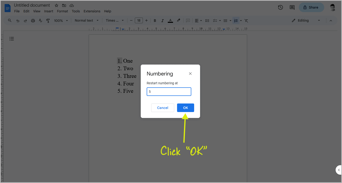 How to Restart Numbering in Google Docs