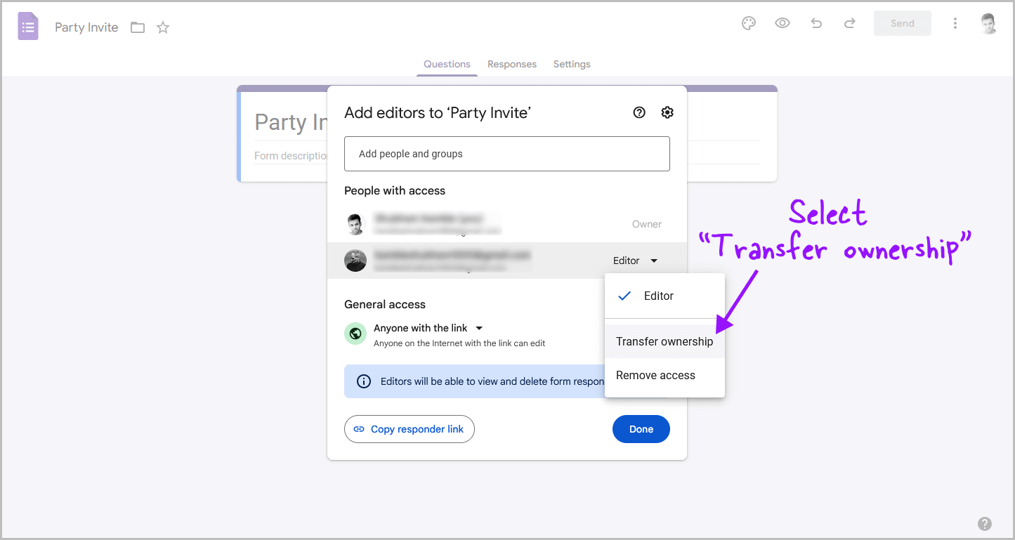 Transfer Ownership of Google Form