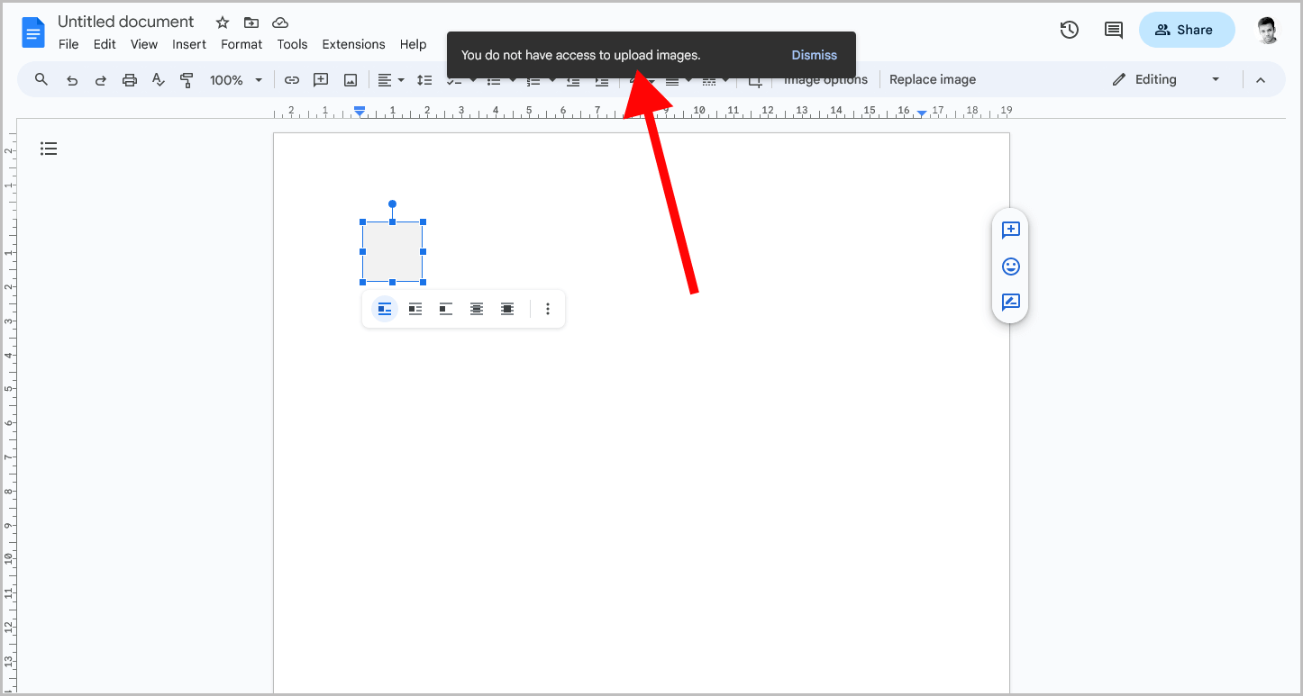 “You do not have access to upload images.” Google Docs