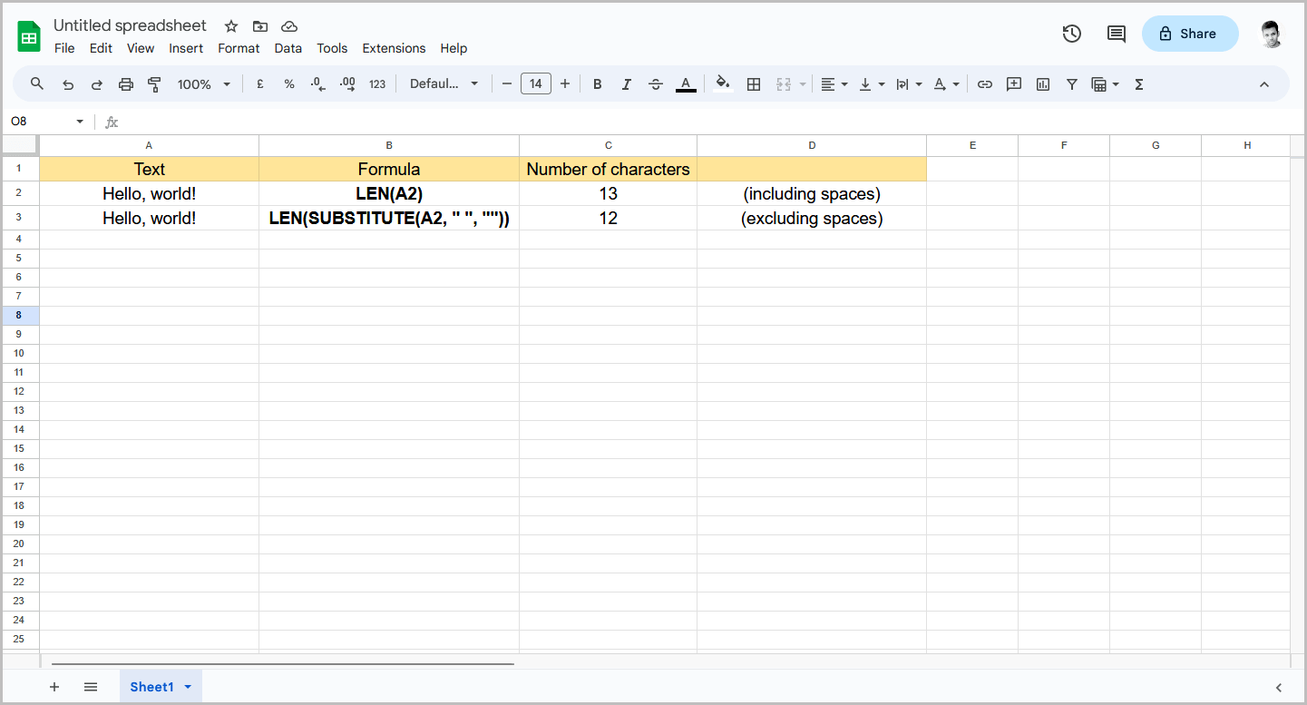 Character Count in Google Sheets