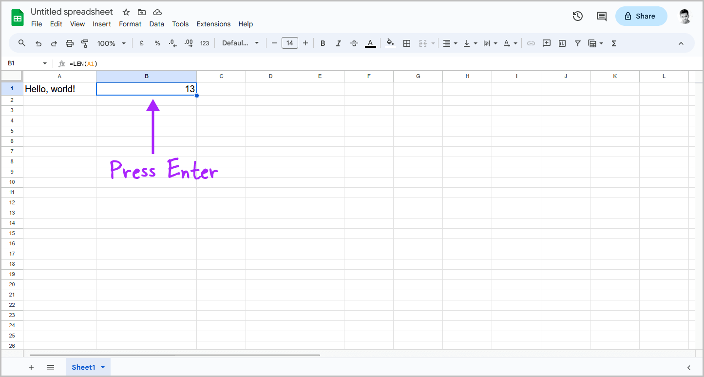 Character Count in Google Sheets With Spaces