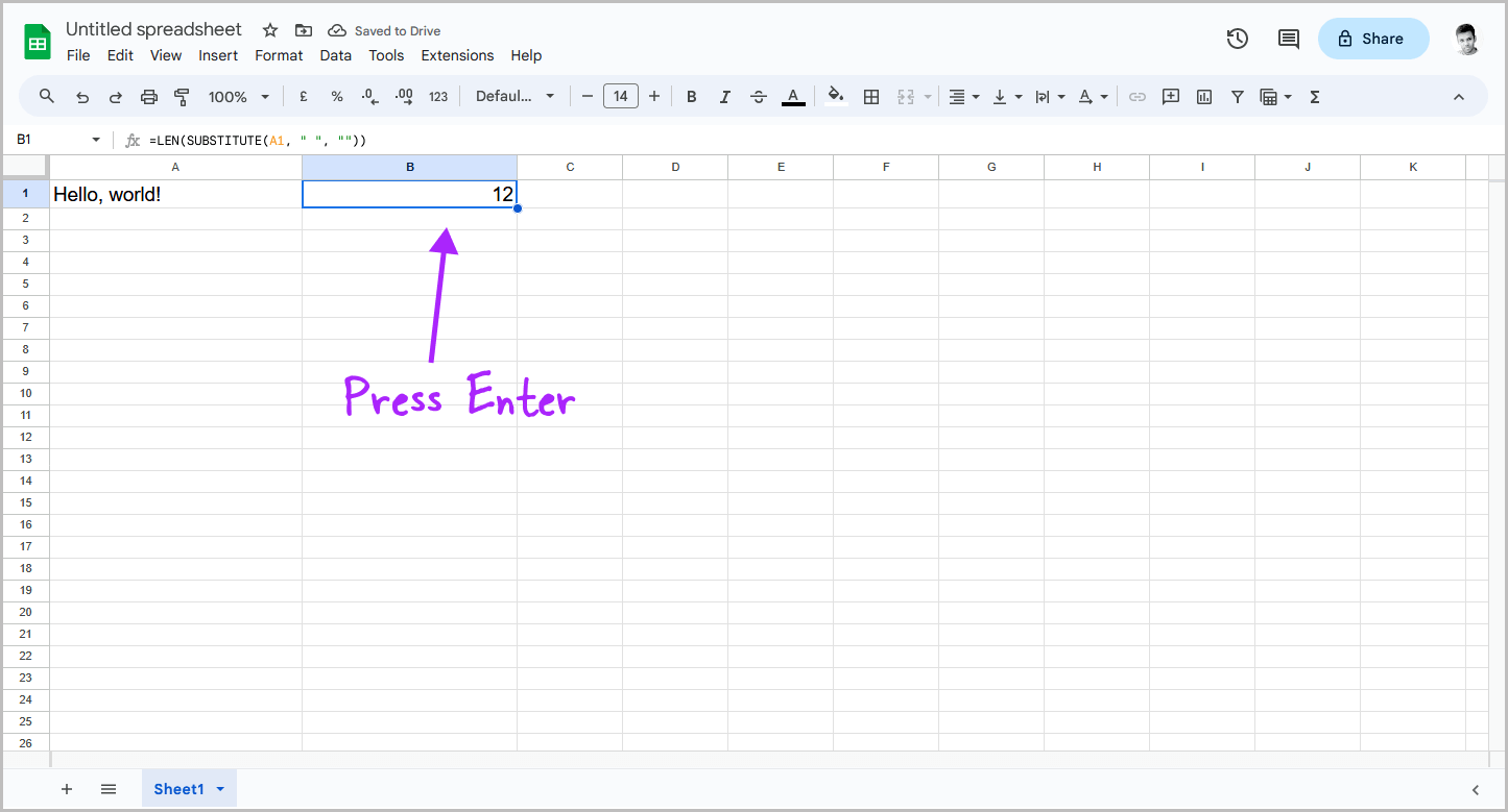 Character Count in Google Sheets Without Spaces