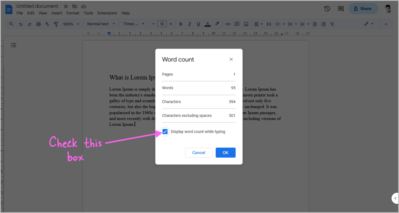 how to check the number of words in docs