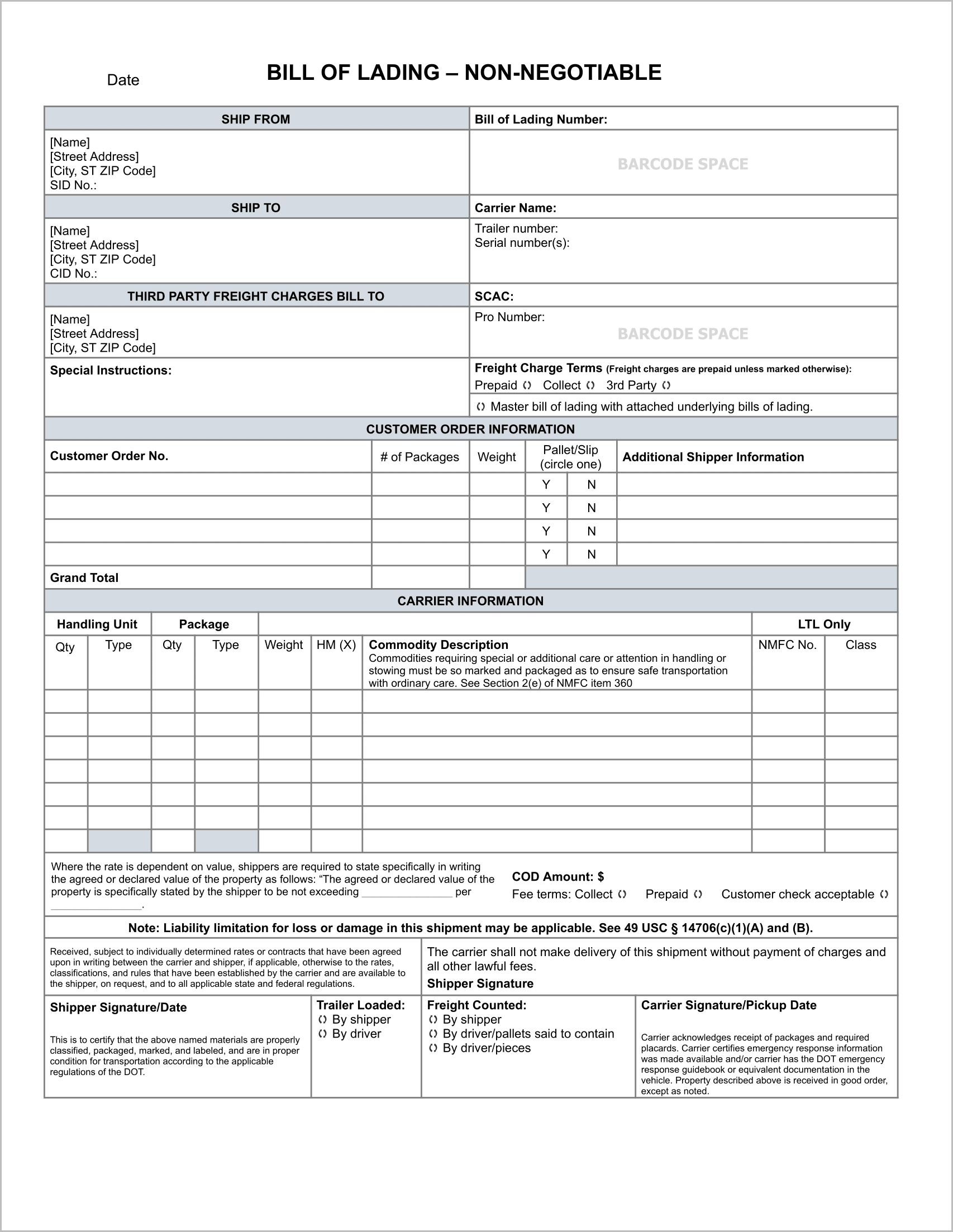 Bill of Lading Template Google Docs