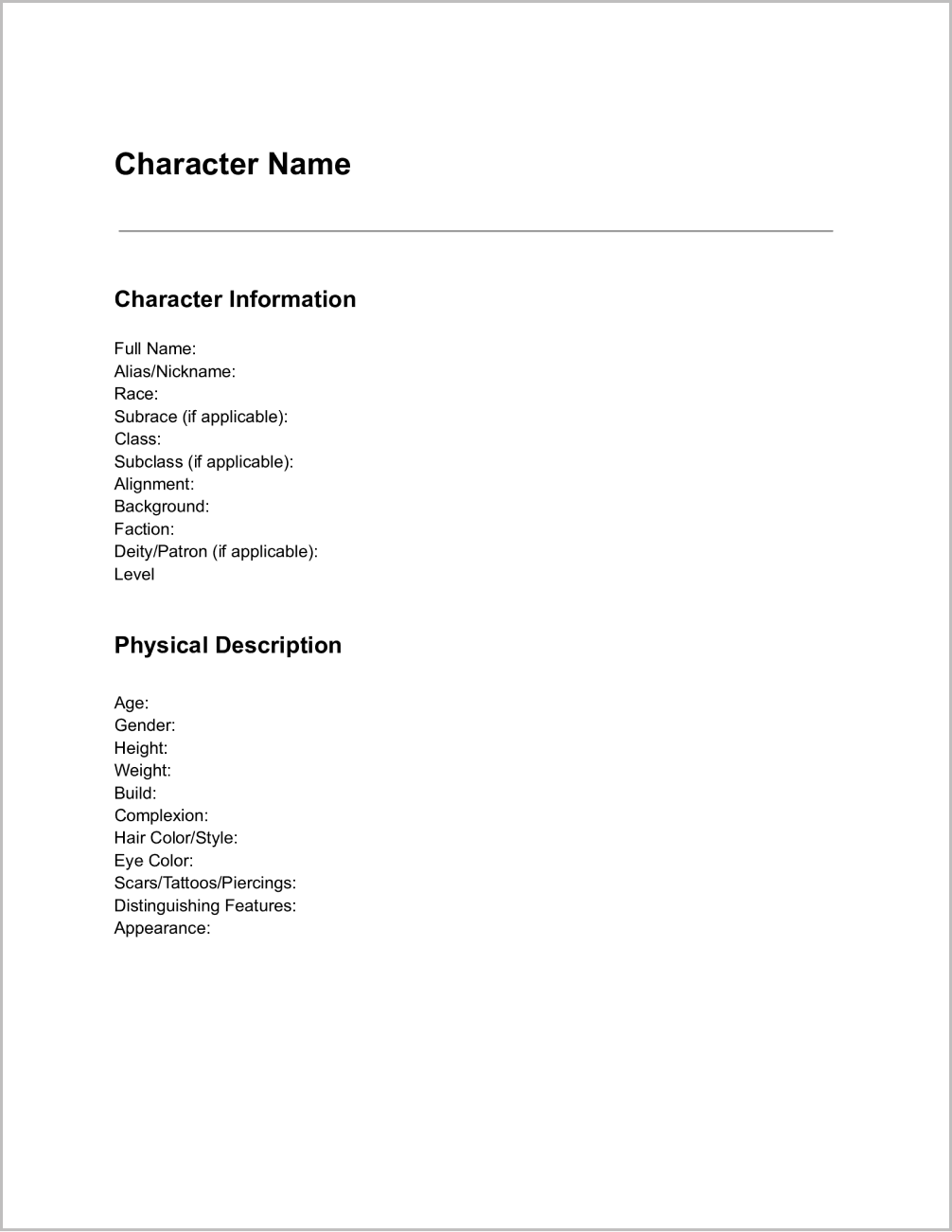 Google Docs RP Character Template