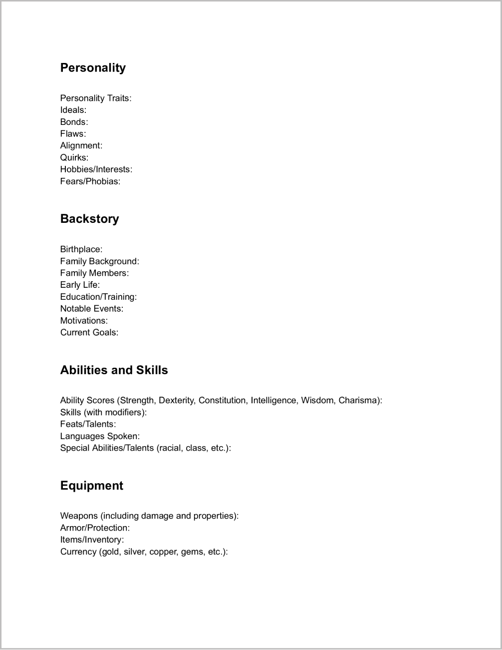 Google Docs RP Character Template