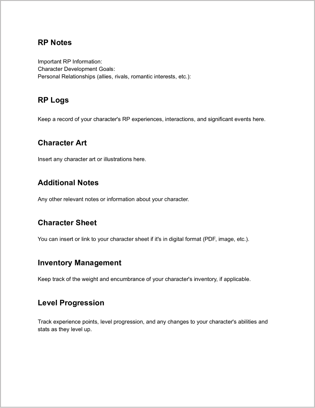 Google Docs RP Character Template