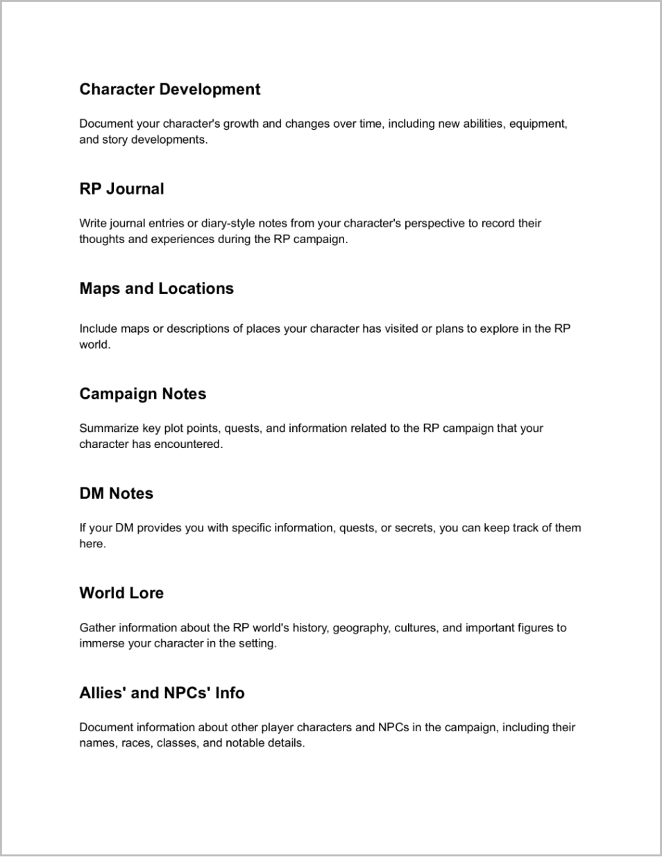 Google Docs RP Character Template FREE