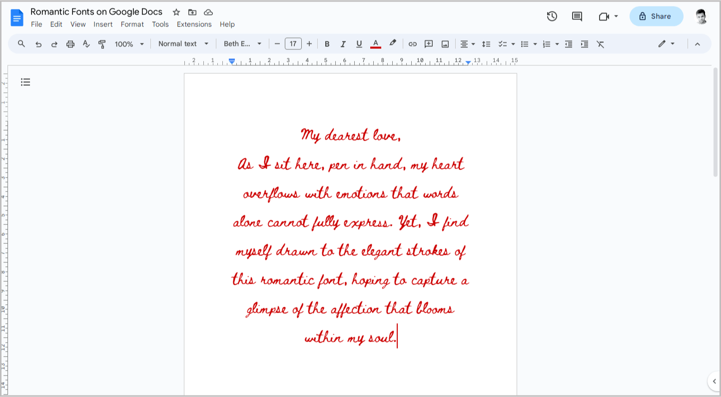 Romantic Fonts on Google Docs