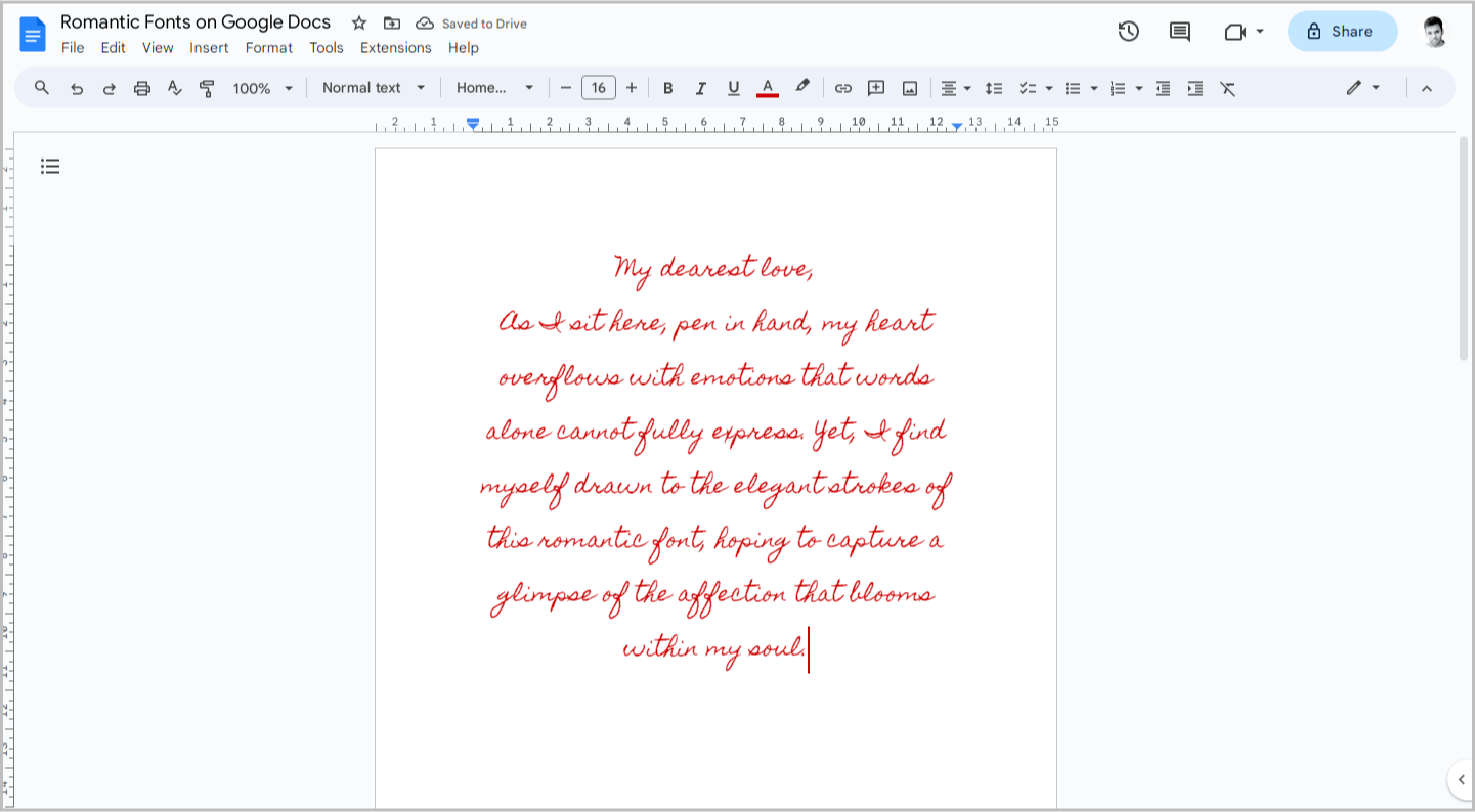 Romantic Fonts on Google Docs