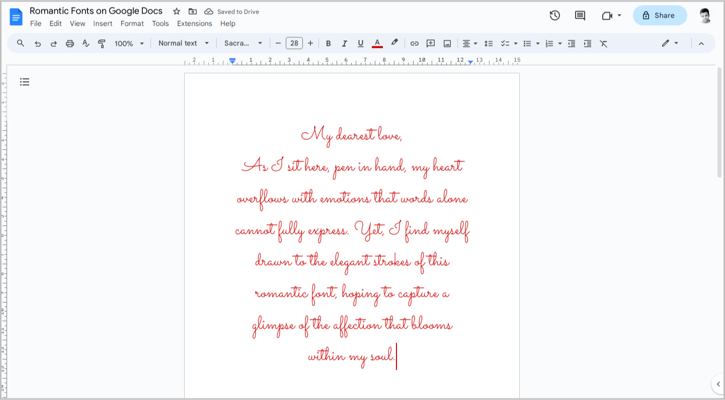 Romantic Fonts on Google Docs