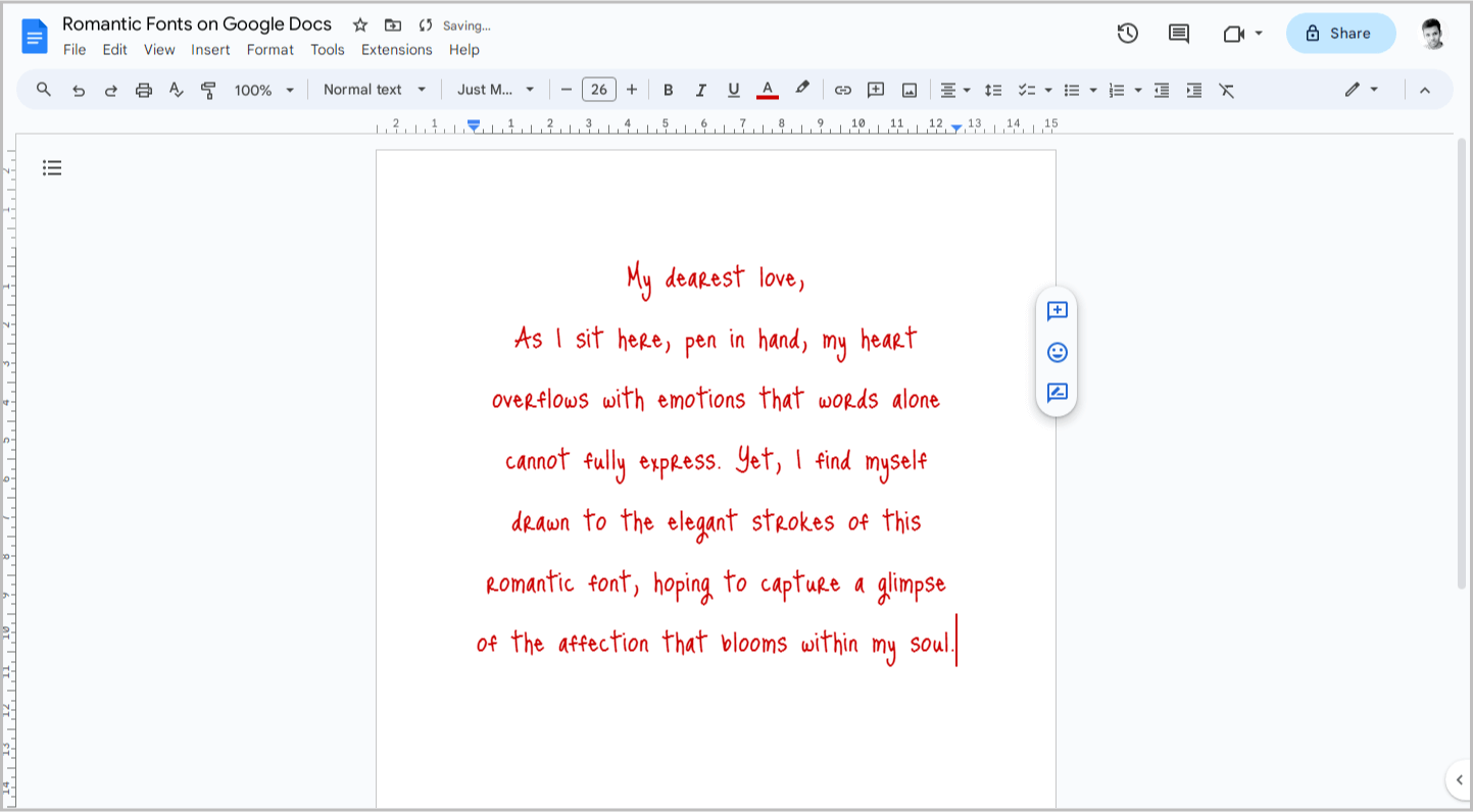 Romantic Fonts on Google Docs