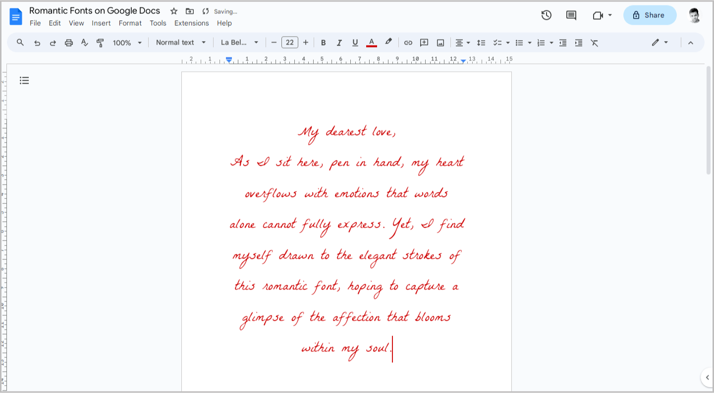 Romantic Fonts on Google Docs