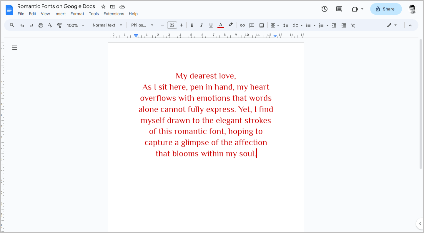 Romantic Fonts on Google Docs