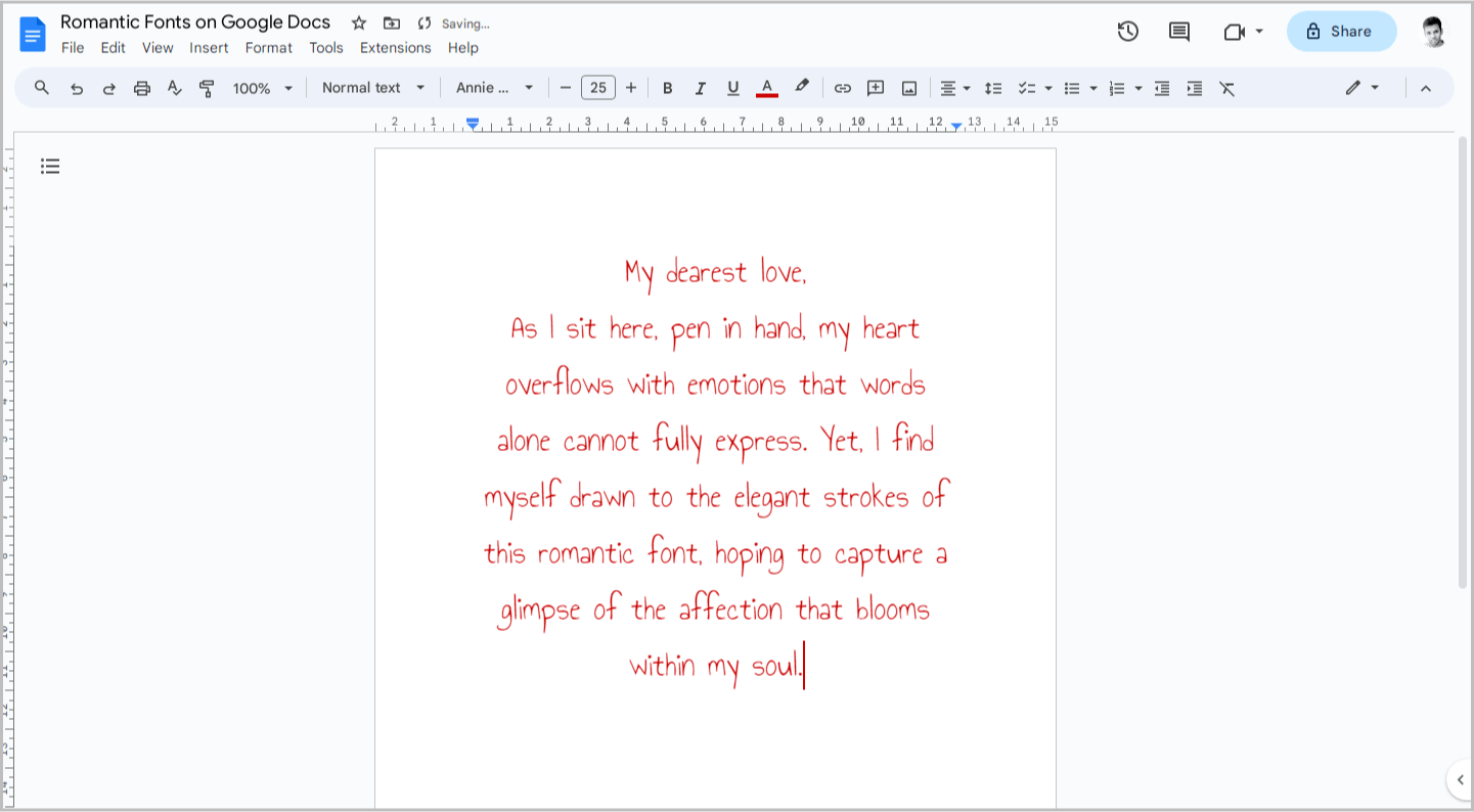 Romantic Fonts on Google Docs