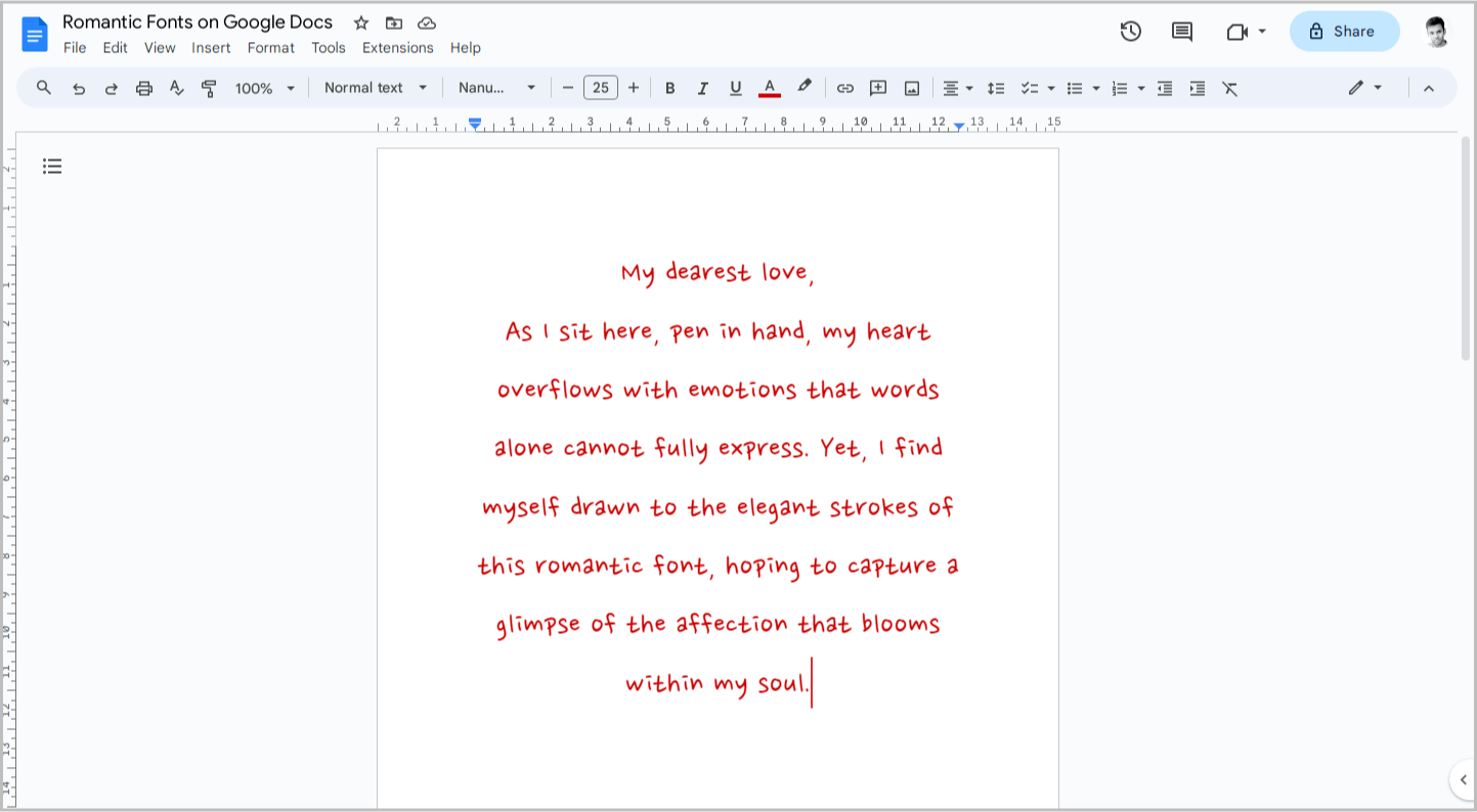 Romantic Fonts on Google Docs