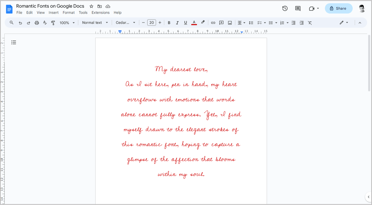 Romantic Fonts on Google Docs