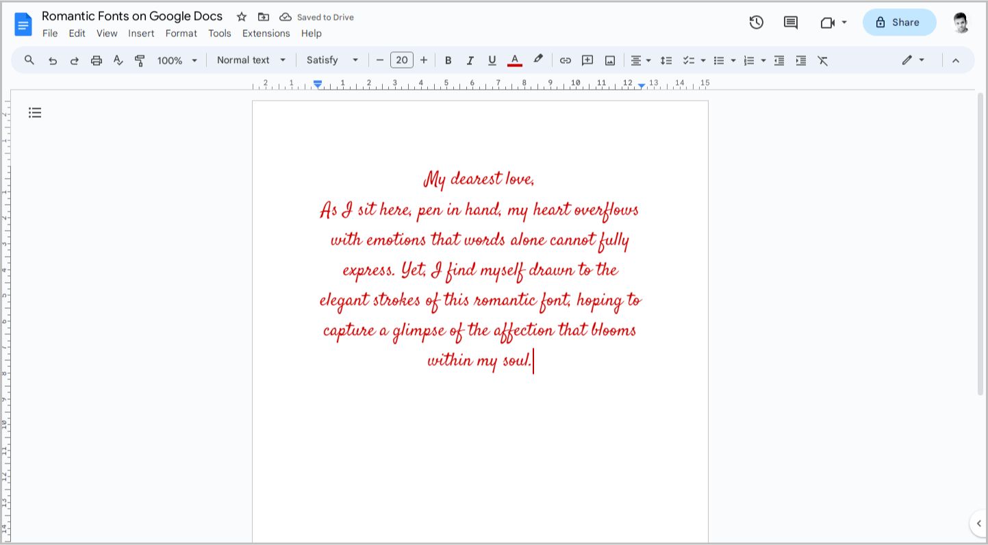 Romantic Fonts on Google Docs