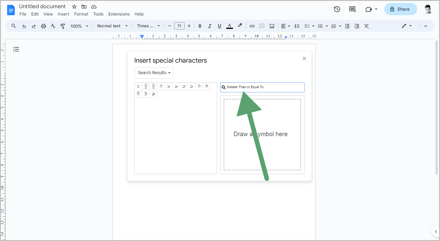 How to insert the Greater Than or Equal To Symbol in Google Docs