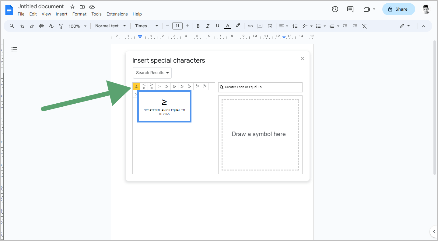 How to insert the Greater Than or Equal To Symbol in Google Docs