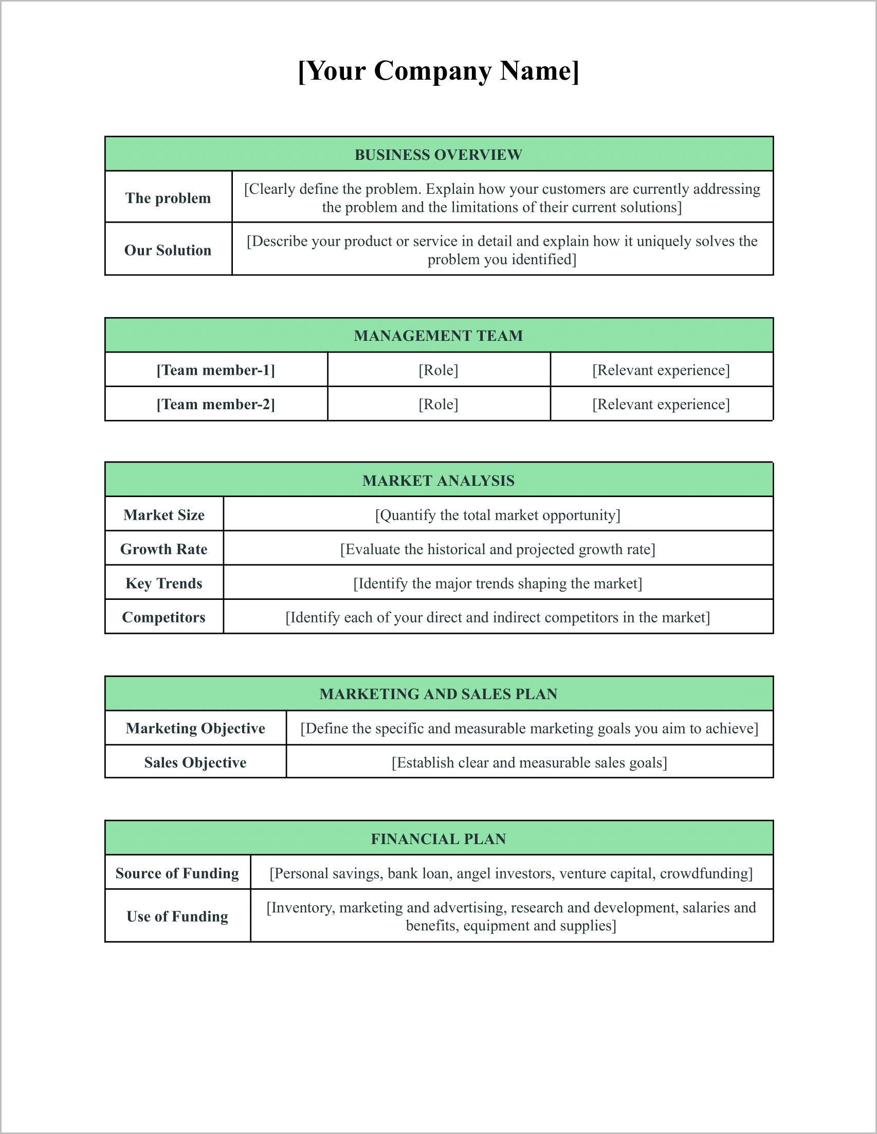 One Page Business Plan Template for Google Docs