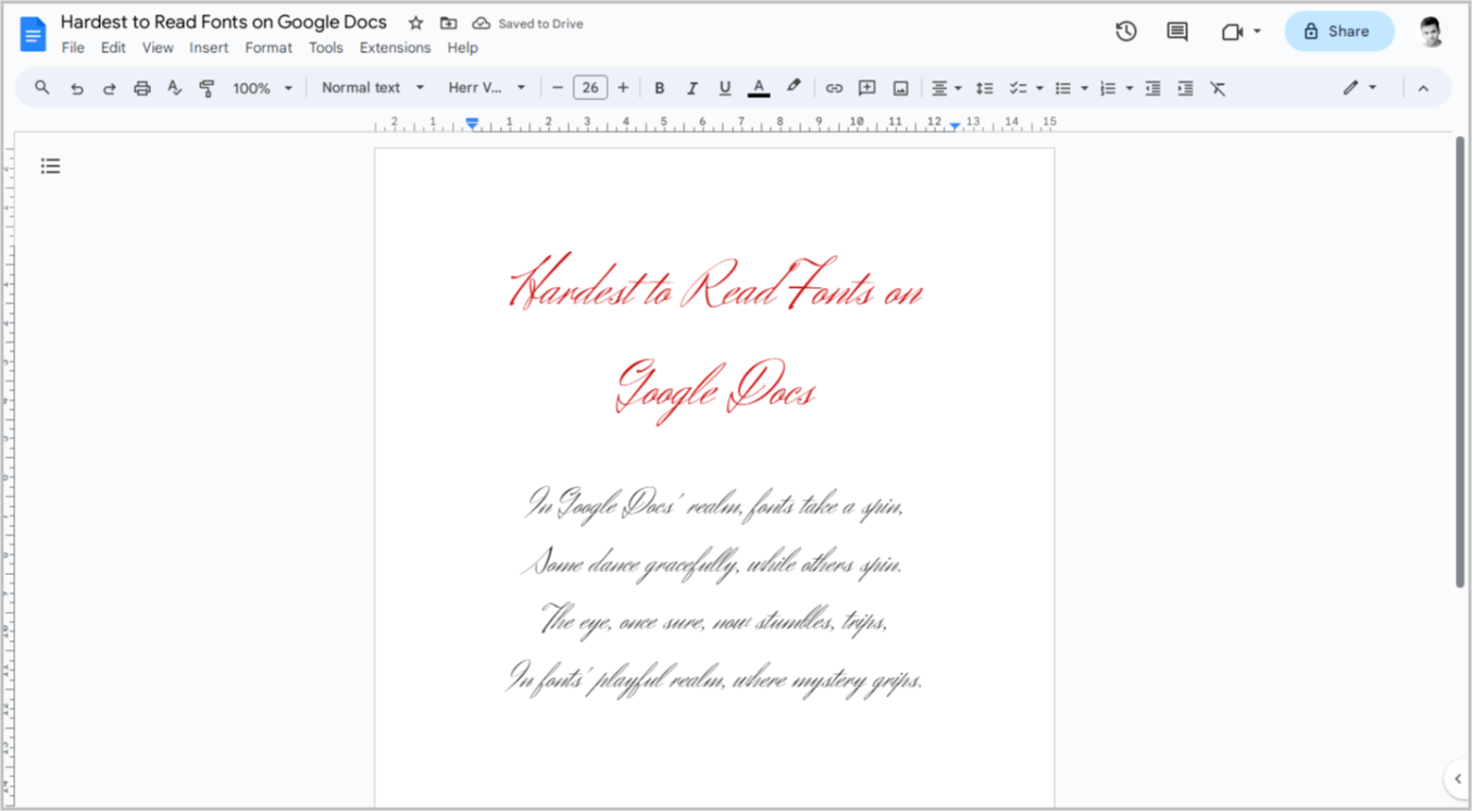 Storm In Cursive Hardest to Read Fonts on Google Docs