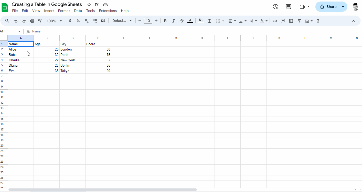 Creating a Table in Google Sheets Step-2