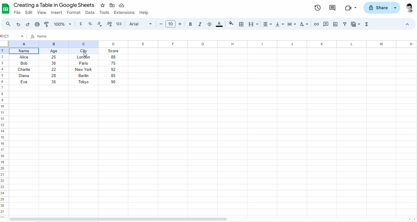 Creating a Table in Google Sheets Step-3