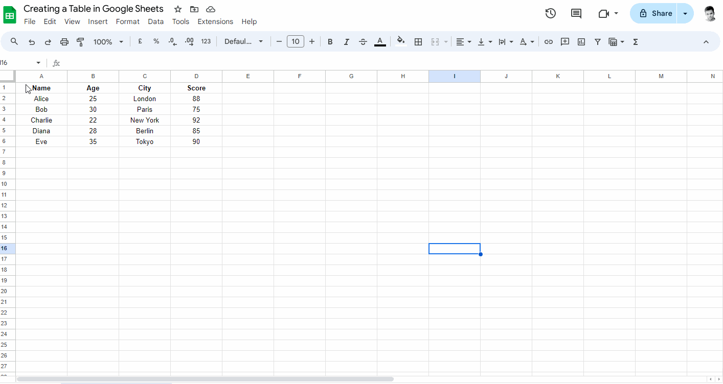 Creating a Table in Google Sheets Step-4