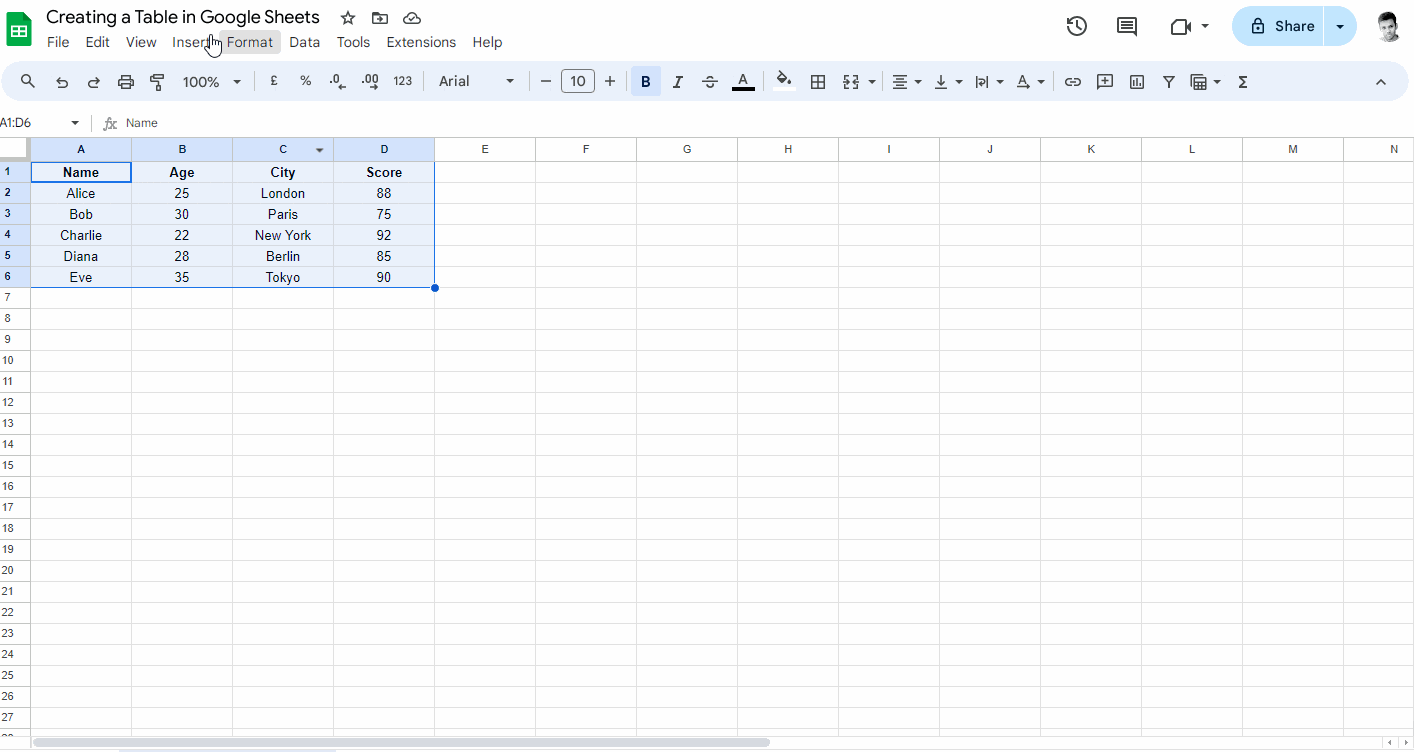 Creating a Table in Google Sheets Step-5