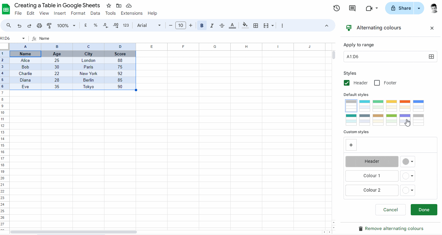 Creating a Table in Google Sheets Step-6