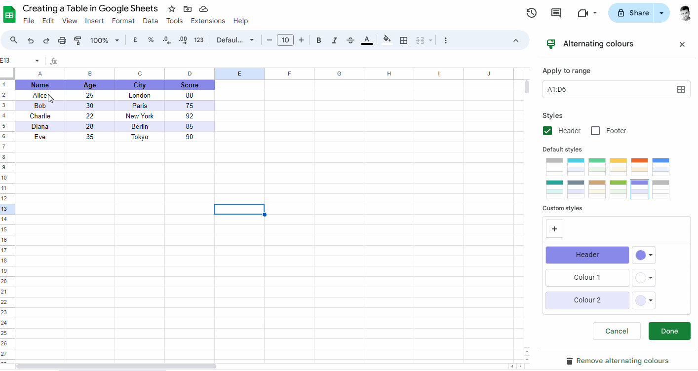 Creating a Table in Google Sheets Step-7