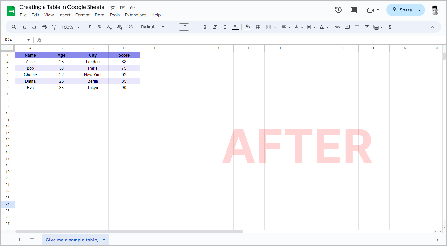Creating a Table in Google Sheets