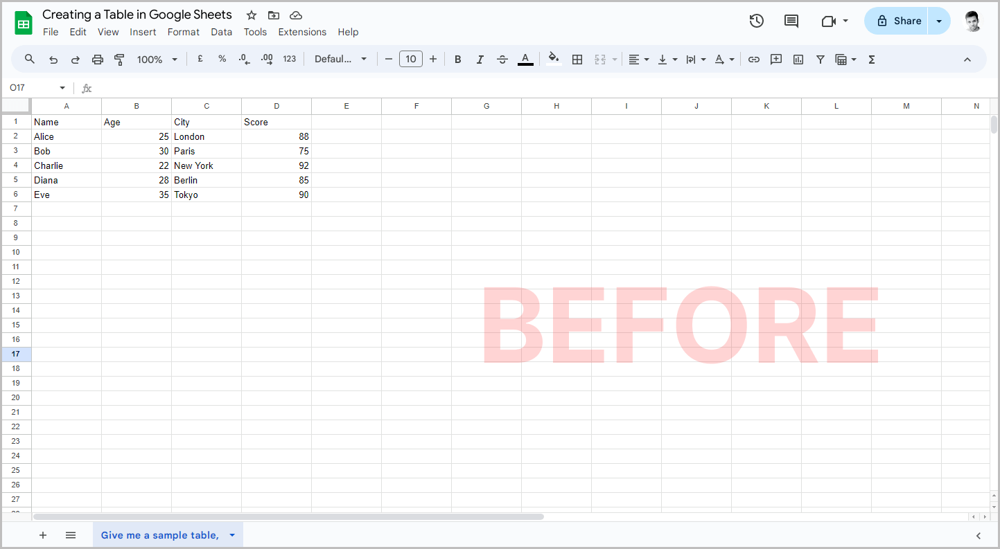 Creating a Table in Google Sheets