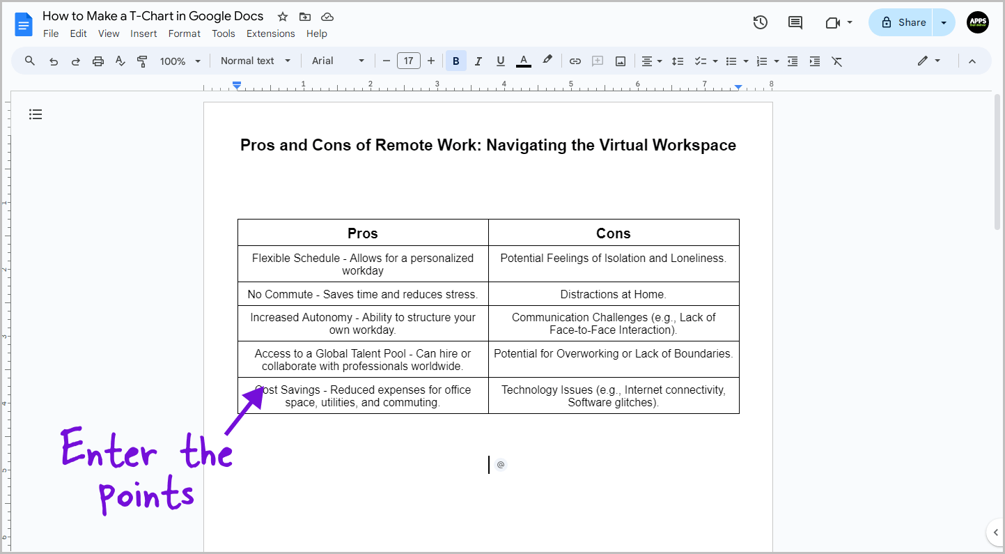 How to Make a T-Chart in Google Docs Step-3