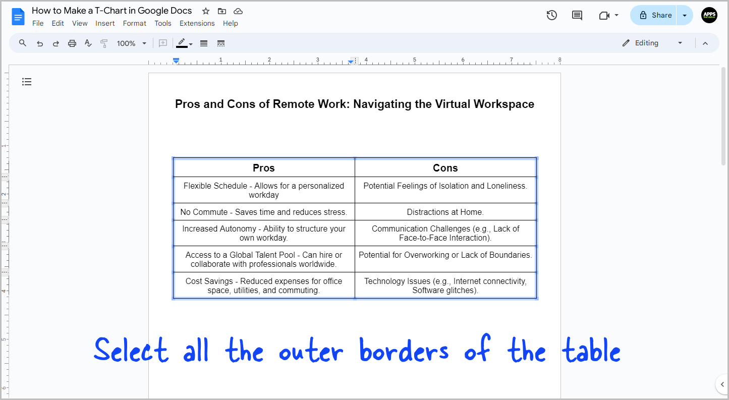 How to Make a T-Chart in Google Docs Step-4