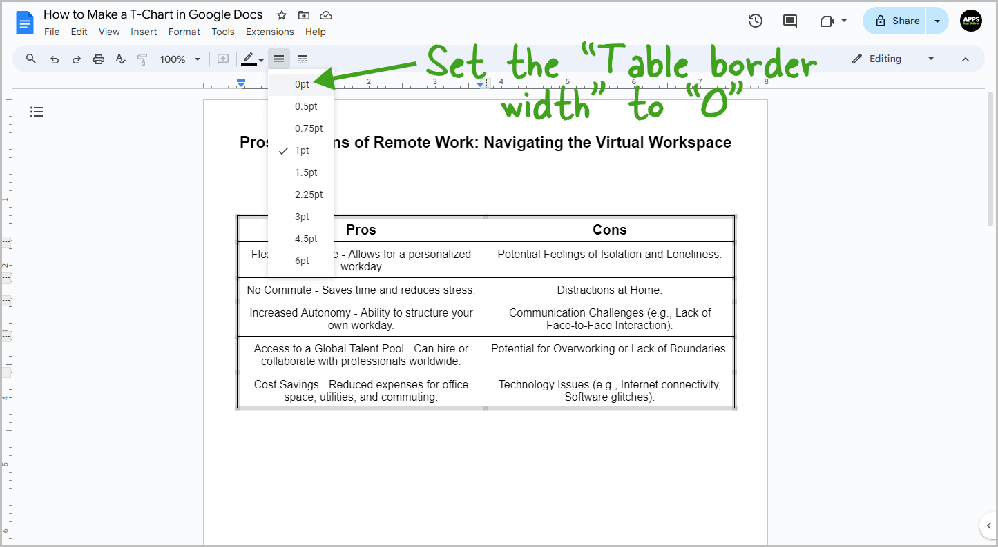 How to Make a T-Chart in Google Docs Step-5