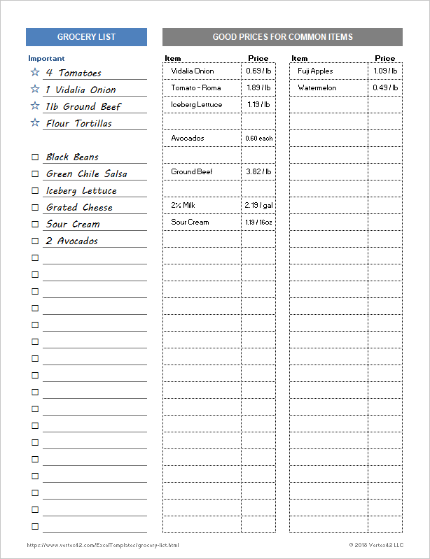 Free Grocery List Templates