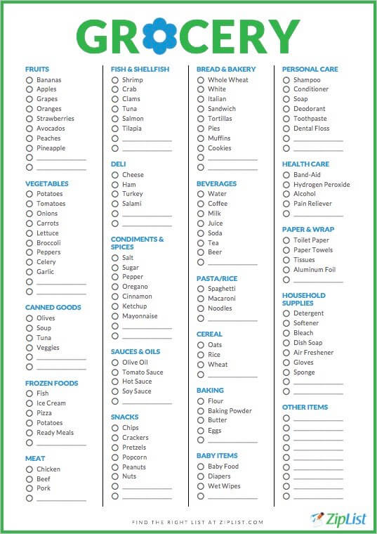 Free Grocery List Templates