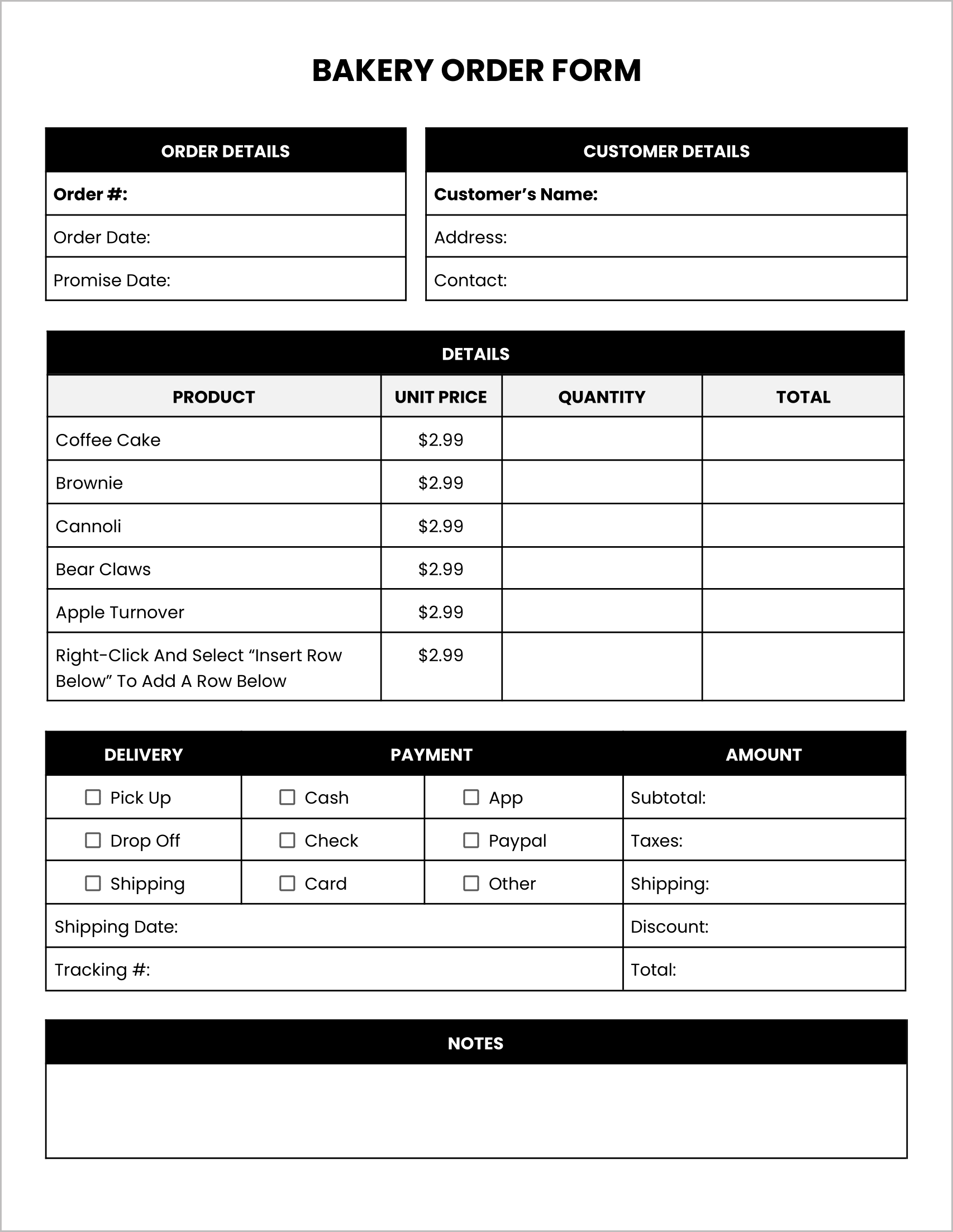 Free Bakery Order Form-B&W