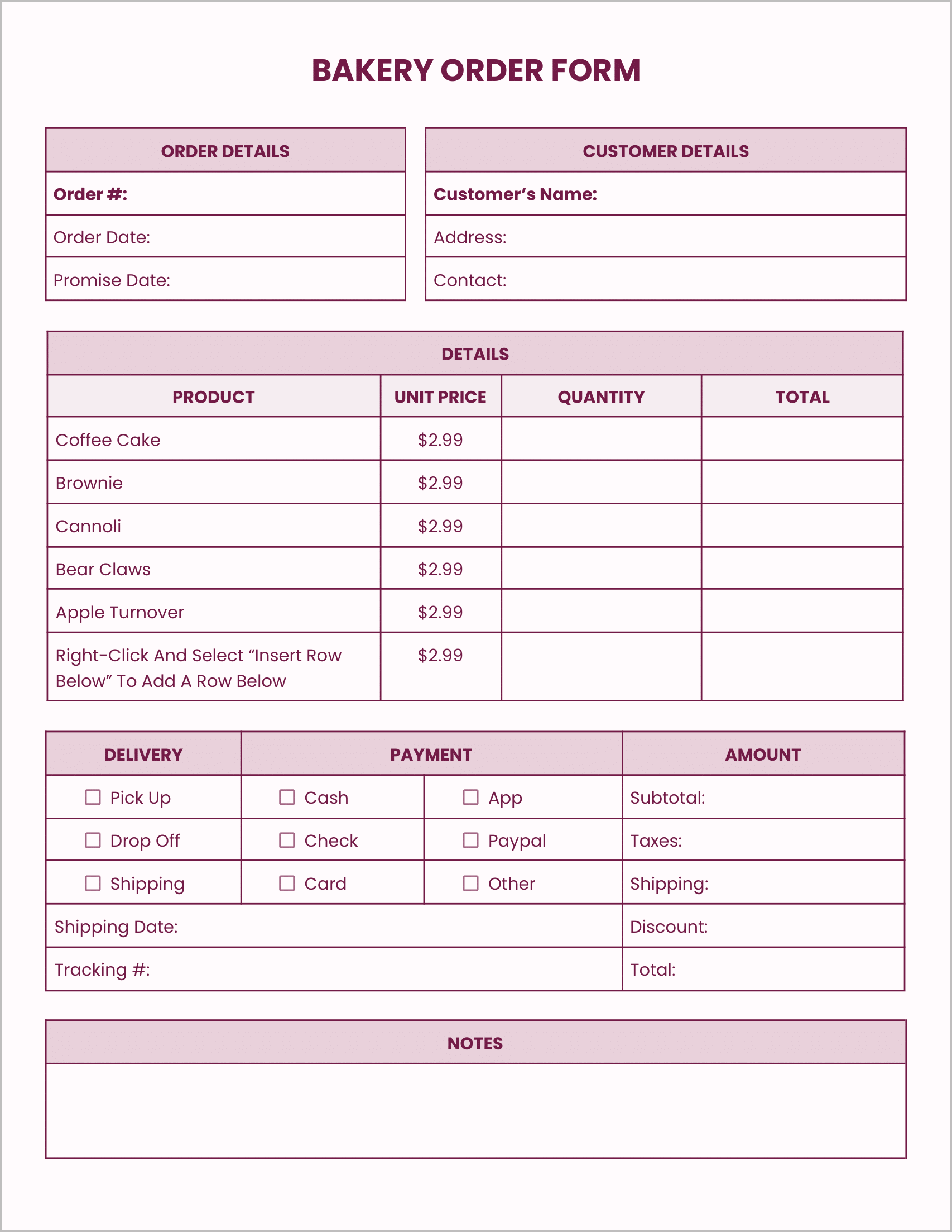 Free Bakery Order Form-Pink