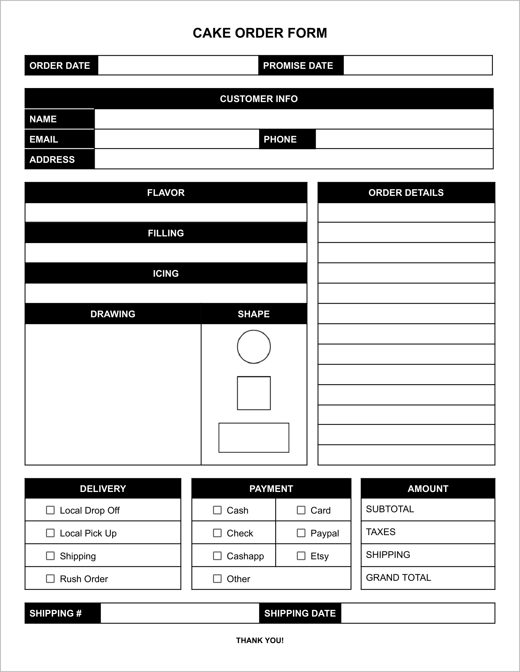 Free Cake Order Form Template-Black and White