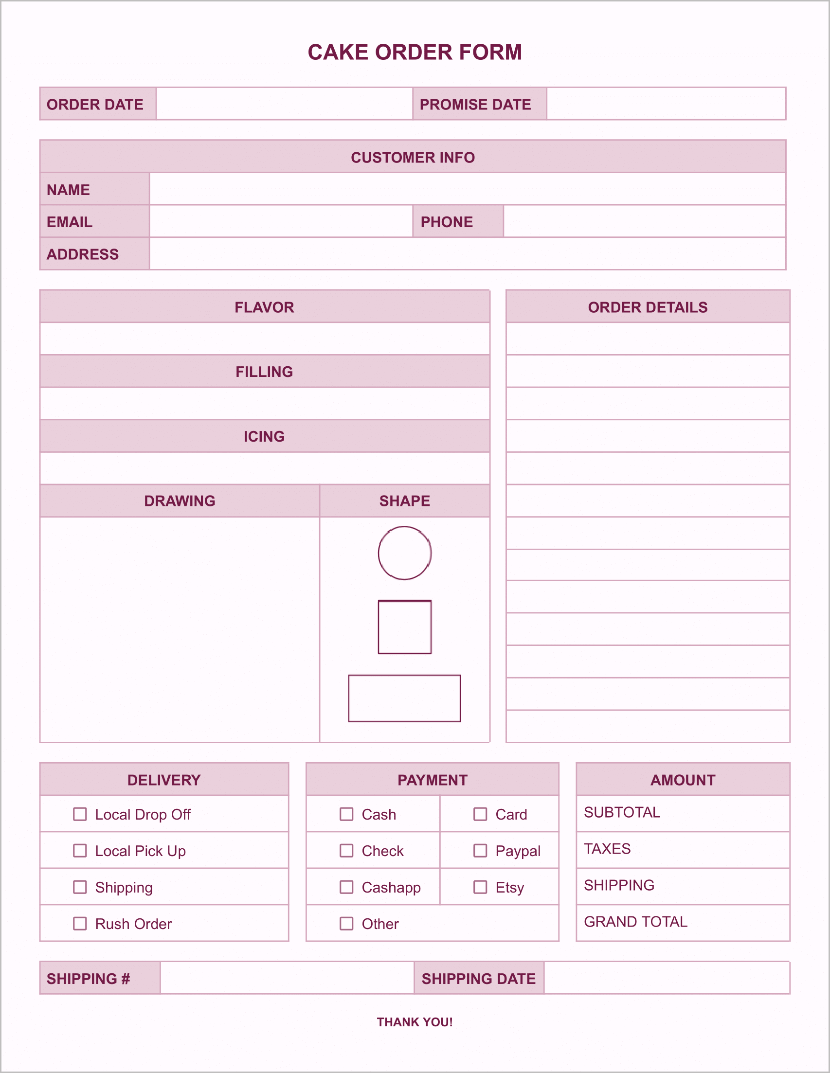 Free Cake Order Form Template-Pink