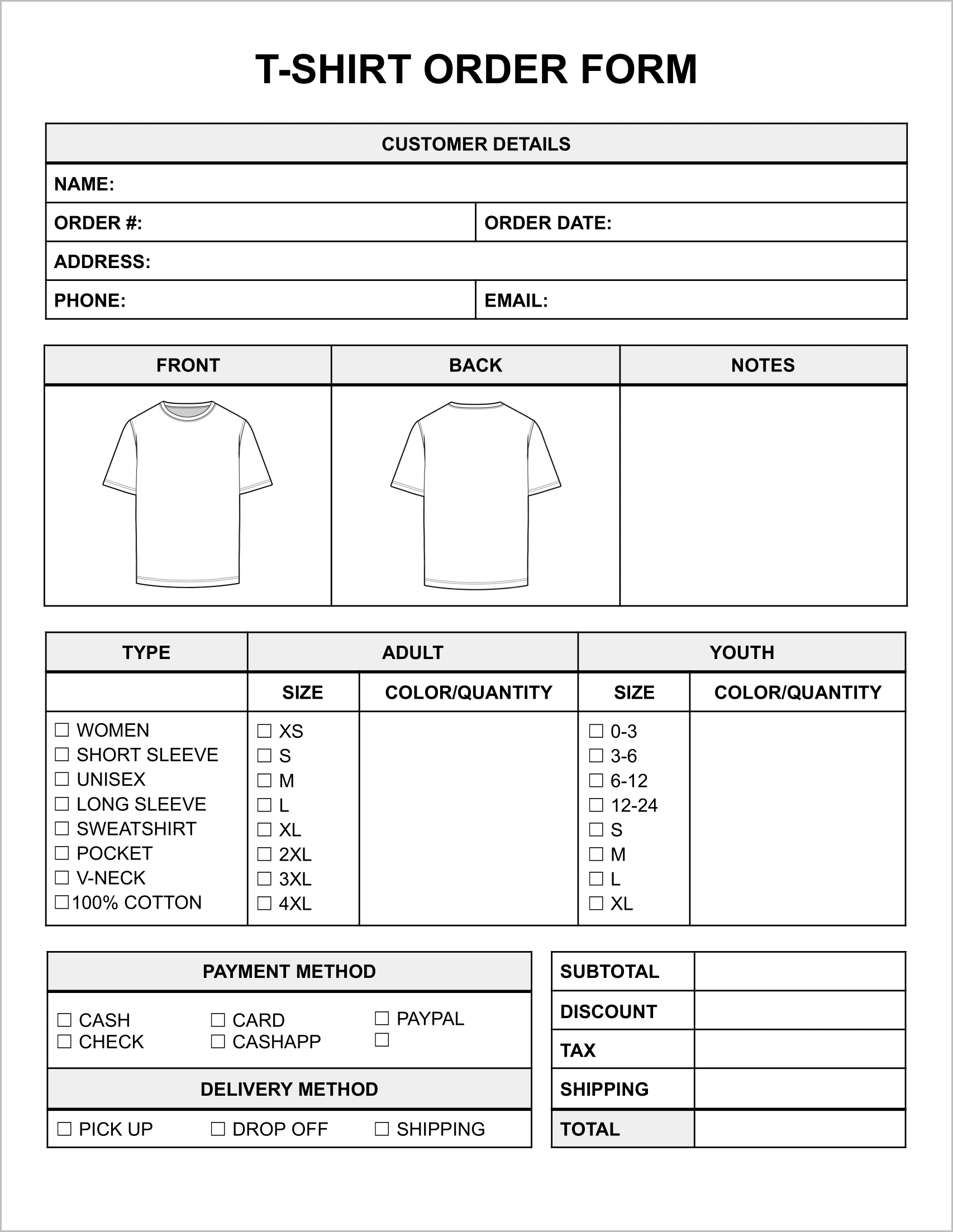 Free T-Shirt Order Form Templates