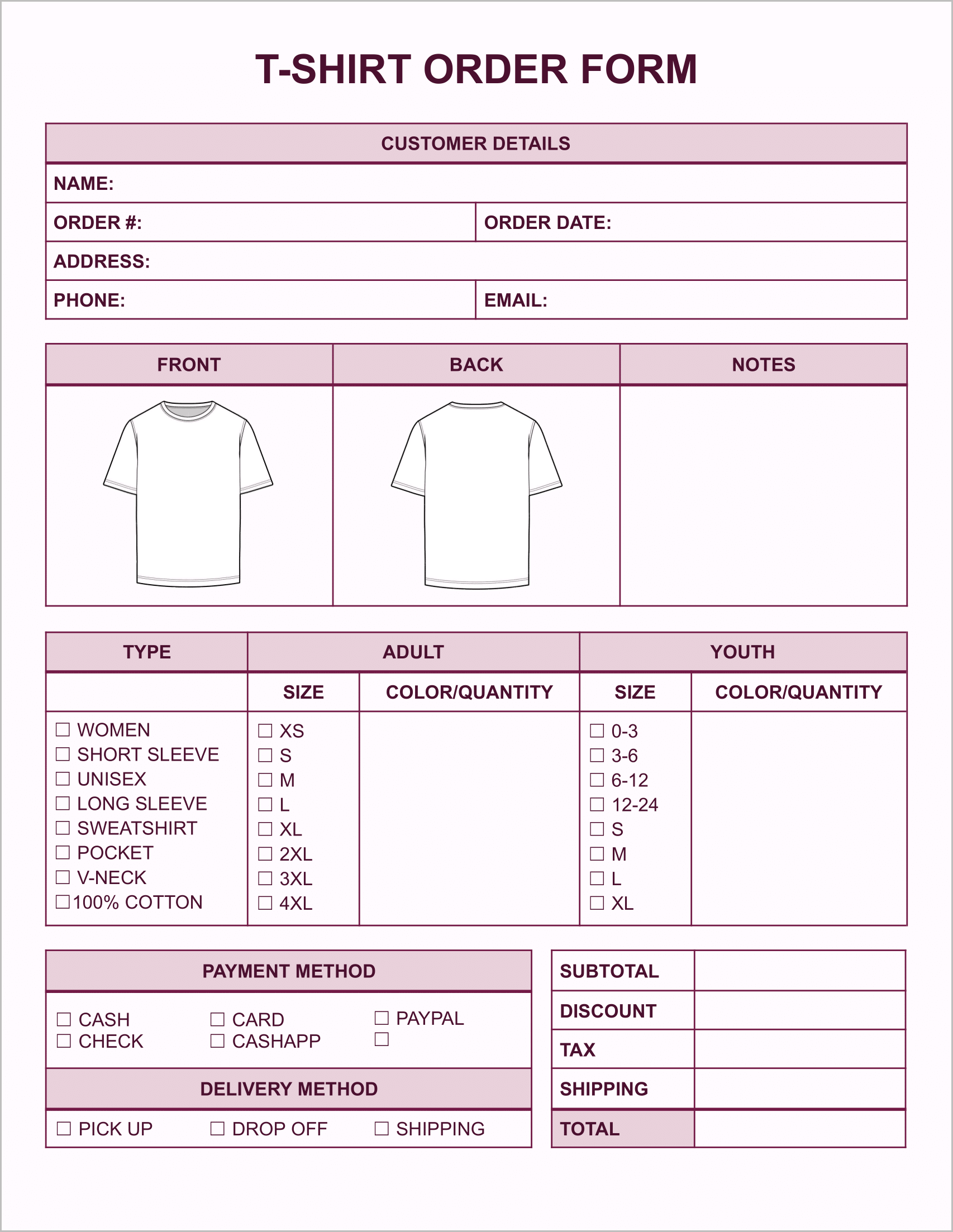 Free T-Shirt Order Form Templates