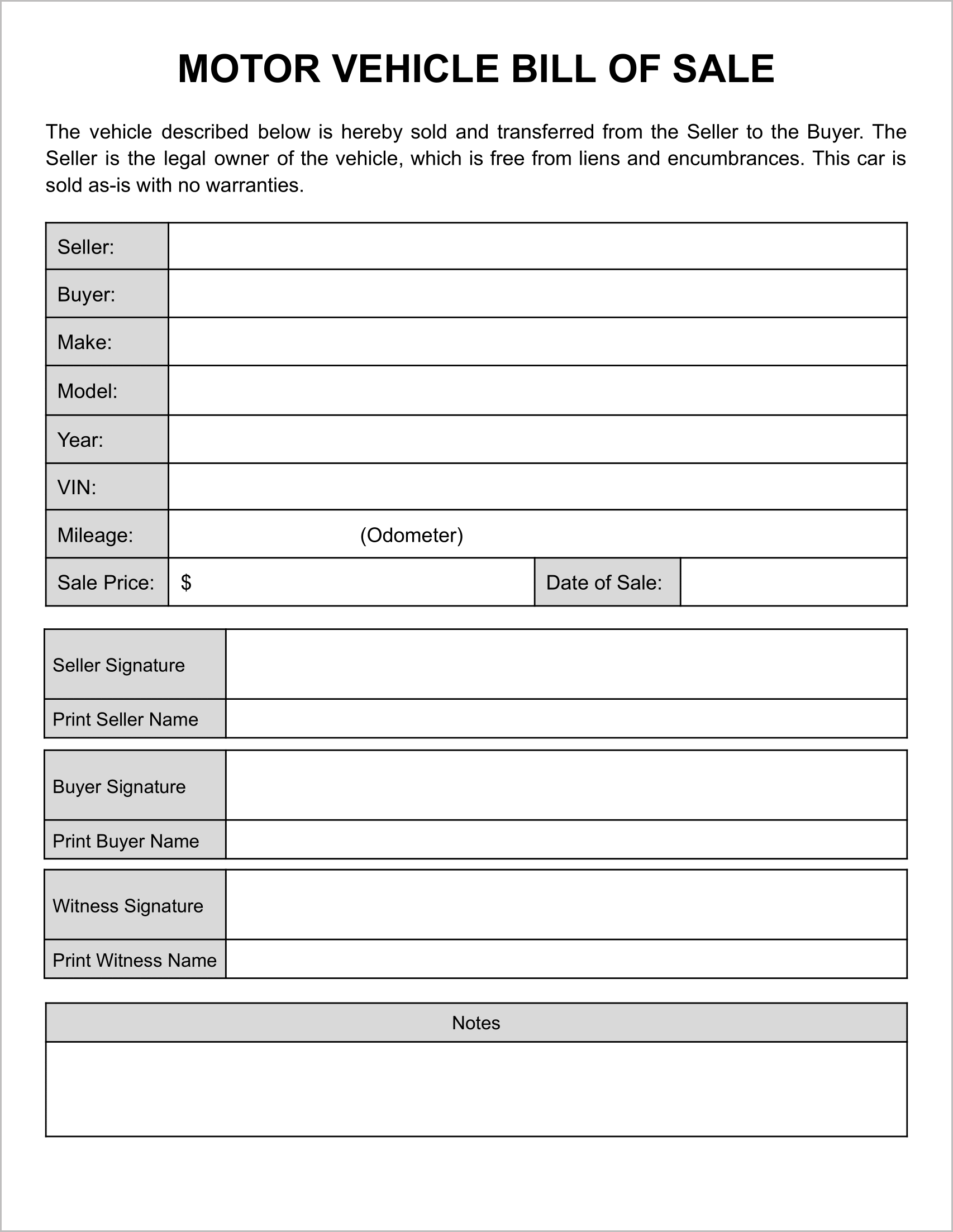 Motor Vehicle Bill of Sale (Minimalist Version)