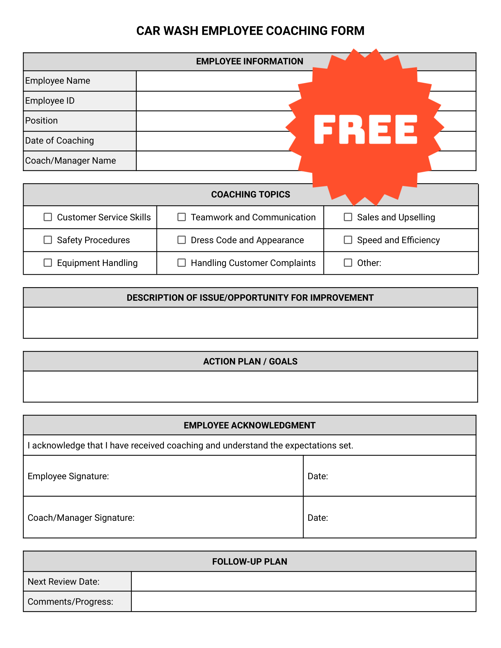 Free Car Wash Employee Coaching Form Template Black and White