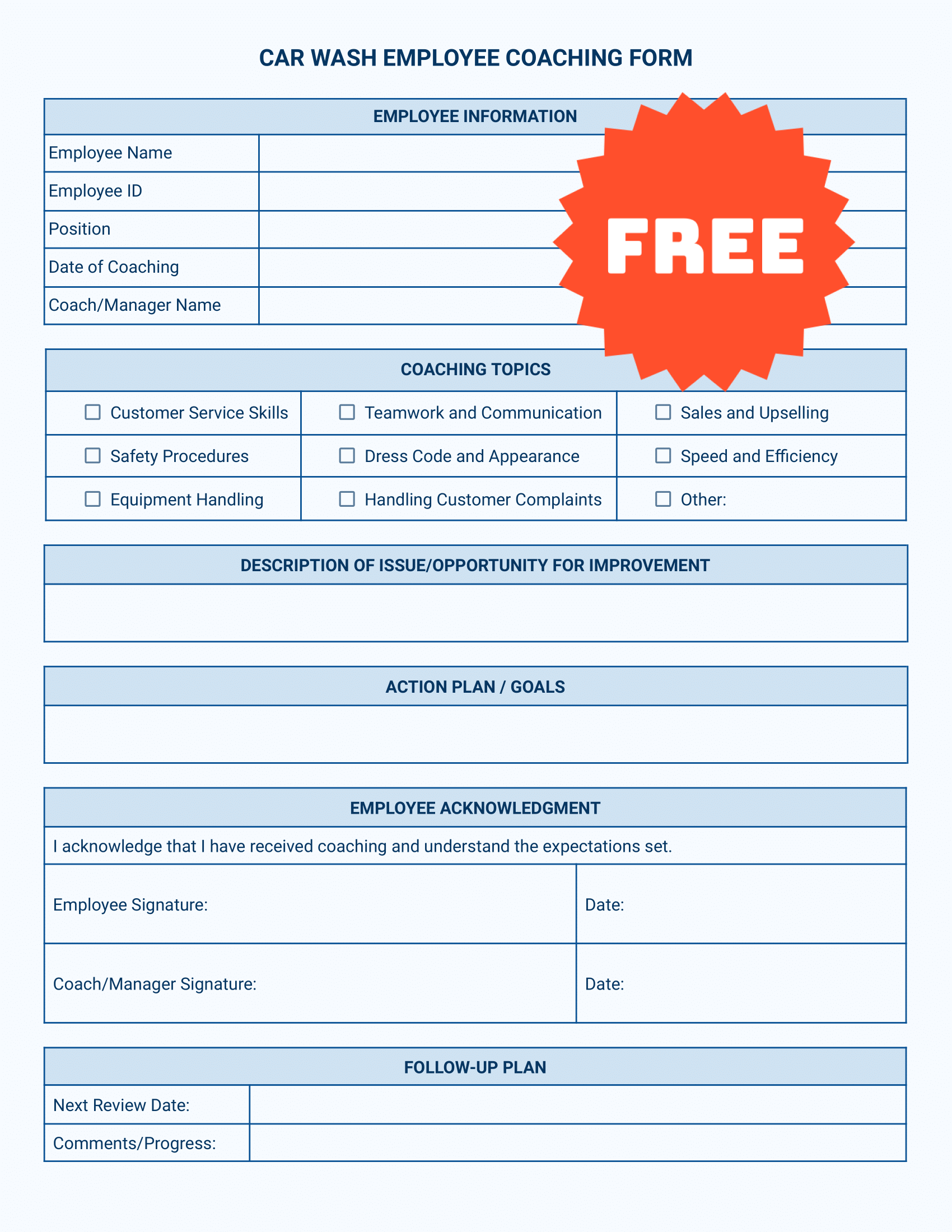 Free Car Wash Employee Coaching Form Template Color