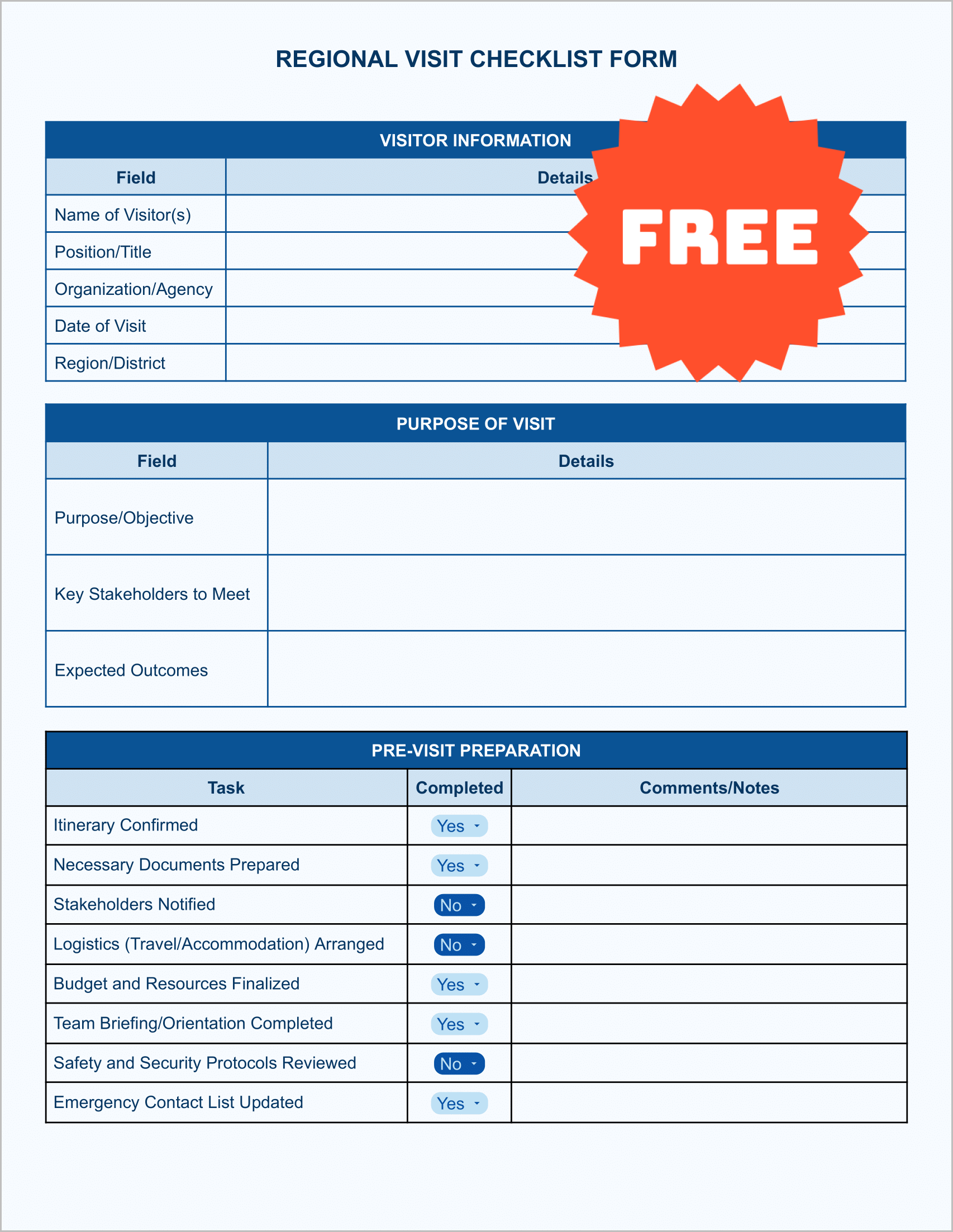 Regional Visit Form Checklist Template (Color)